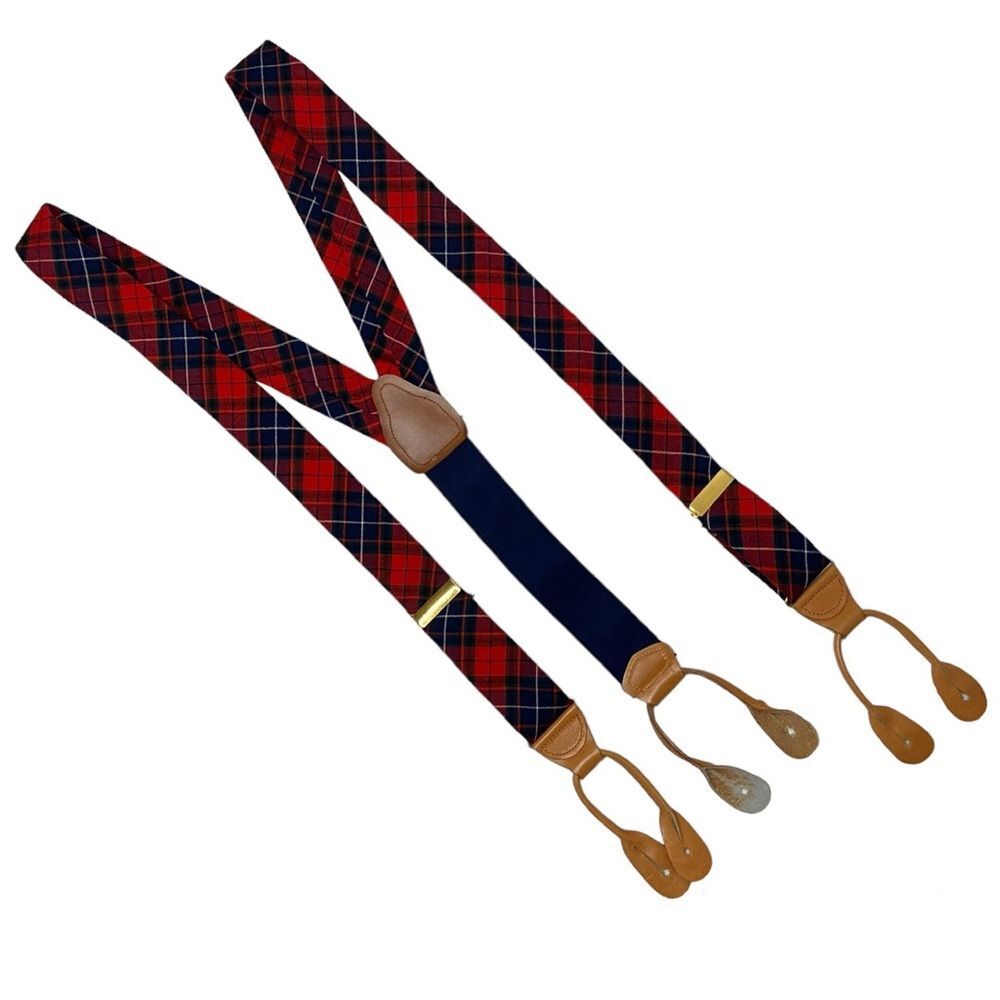 Pendleton Red Blue Plaid Wool Button On Suspenders